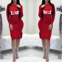 Fashion Letters Printed Long Sleeve Hooded Slim Fit Dress