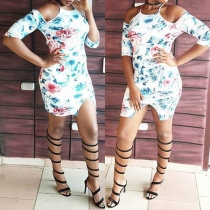 Sexy Off-shoulder 3/4 Sleeve Slim Fit Printed Halter Dress