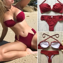 Sexy Solid Color V-neck Halter Bikini Set