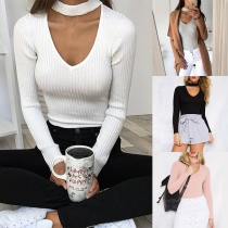 Sexy Hollow Out V-neck Long Sleeve Solid Color Bodysuit