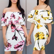 Sexy Off-shoulder Dual-layer Ruffle Boat Neck Printed Dress
