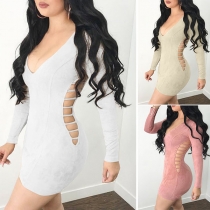 Sexy Deep V-neck Side Hollow Out Long Sleeve Bodycon Dress