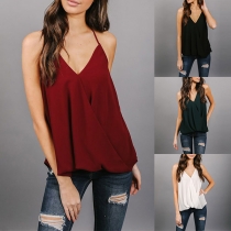 Sexy Backless V-neck Solid Color Chiffon Top 