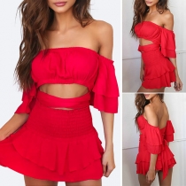 Sexy Off-shoulder Lotus Sleeve Crop Top + Ruffle Skirt Two-piece Set