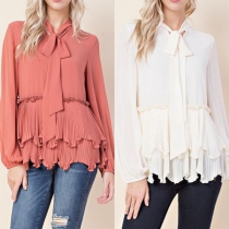 Fashion Solid Color Long Sleeve Pleated Hem Lace-up Blouse
