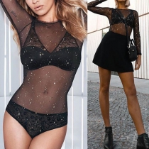 Sexy Long Sleeve Round Neck Sequin Spliced See-through Bodysuit