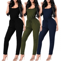 Sexy Backless Sleeveless Elastic Waist Solid Color Jumpsuit