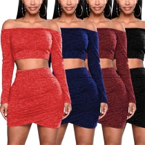 Sexy Off-shoulder Boat Neck Long Sleeve Crop Top + Skirt Two-piece Set