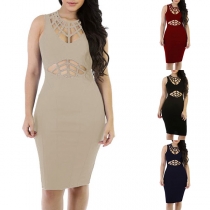 Sexy Hollow Out Sleeveless Round Neck Solid Color Bodycon Dress  