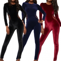 Sexy Backless Side Hollow Out Long Sleeve Solid Color Tight Jumpsuit