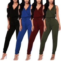 Fashion Solid Color Sleeveless V-neck High Waist Jumpsuit
