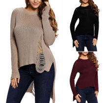 Chic Style Long Sleeve Round Neck High-low Hem Ripped Sweater