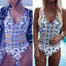 Sexy Backless Gauze Spliced Printed One-piece Swimsuit
