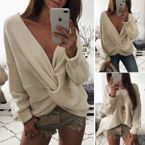 Sexy Deep V-neck Long Sleeve Solid Color Twisted Sweater