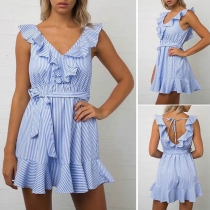 Sexy Backless Ruffle V-neck Sleeveless Striped Dress