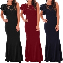 Elegant Solid Color Lotus Sleeve Lace Spliced Party Dress