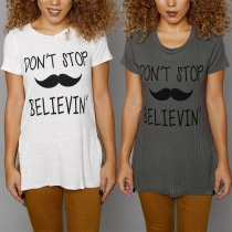 Fashion Letters Printed Short Sleeve Round Neck Slit Hem T-shirt 