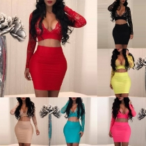 Sexy Deep V-neck Long Sleeve Lace Crop Top + High Waist Skirt Two-piece Set