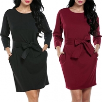 Elegant Solid Color 3/4 Sleeve Round Neck Dress with Waist Strap