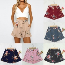 Fashion High Waist Ruffle Hem Printed Shorts