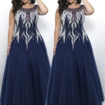Elegant Style Sleeveless Round Neck High Waist Embroidered Dress