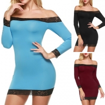 Sexy Off-shoulder Boat Neck Long Sleeve Lace Spliced Mini Dress