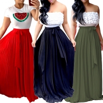 Fashion Solid Color High Waist Pleated Maxi Skirt