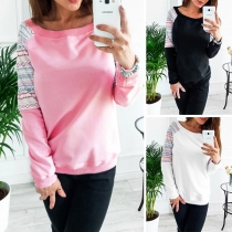 Fashion Round-neck Solid Color Printed Spliced Long Sleeve Top Shirt