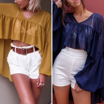 Sexy V-neck Lantern Sleeve High-low Hem Solid Color Chiffon Top 