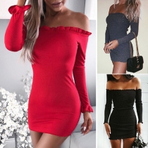 Sexy Off-shoulder Boat Neck Long Sleeve Mini Tight Dress