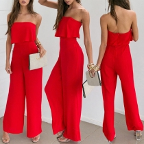 Sexy Strapless Backless High Waist Solid Color Jumpsuit