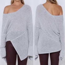Sexy Off-shoulder Long Sleeve Irregular Hem Solid Color Sweater