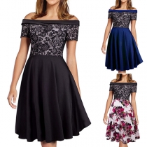 Sexy Off-shoulder Boat Neck High Waist Lace Spliced Party Dress