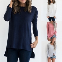 Fashion Solid Color Long Sleeve Round Neck High-low Hem T-shirt 