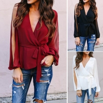 Sexy Slit Long Sleeve Deep V-neck Solid Color Chiffon Top 