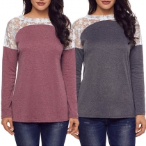Fashion Lace Spliced Long Sleeve Round Neck T-shirt 