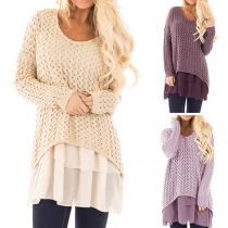 Sweet Solid Color Hollow Out Long Sleeve Chiffon Spliced Top Sweater