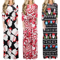 Fashion Long Sleeve Round Neck High Waist Printed Maxi Dress