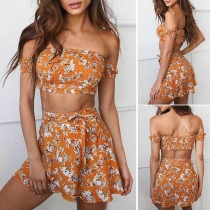 Bohemian Style Printed Crop Top + High Waist Skirt Two-piece Set(The size falls small)