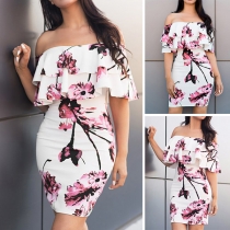 Sexy Off-shoulder Boat Neck Ruffle Printed Dress