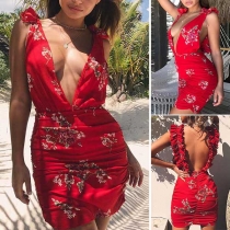Sexy Backless Deep V-neck Slim Fit Printed Dress