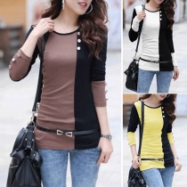 Fashion Contrast Color Long Sleeve Round Neck Slim Fit T-shirt 