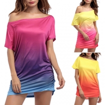 Sexy Off-shoulder Boat Neck Short Sleeve Color Gradient T-shirt Dress