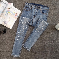 Fashion High Waist Pearl Inlaid Skinny Jeans