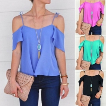 Sexy Off-shoulder Short Sleeve Solid Color Sling Top 
