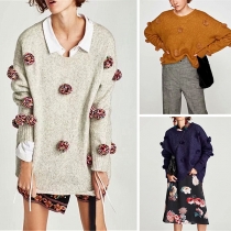 Fashion Hairball Spliced Long Sleeve Round Neck Sweater
