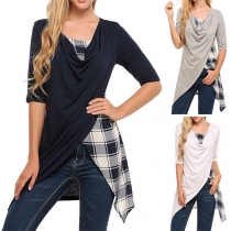 Fashion Half Sleeve Irregular Hem Plaid Spliced Top 