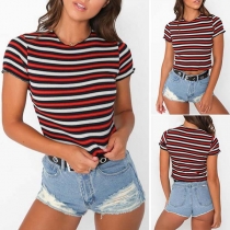 Fashion Short Sleeve Round Neck Striped T-shirt
