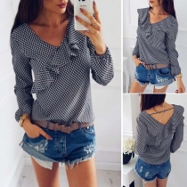 Fashion Long Sleeve V-neck Ruffle Plaid Blouse