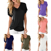 Fashion Solid Color Short Sleeve V-neck Irregular Hem T-shirt 